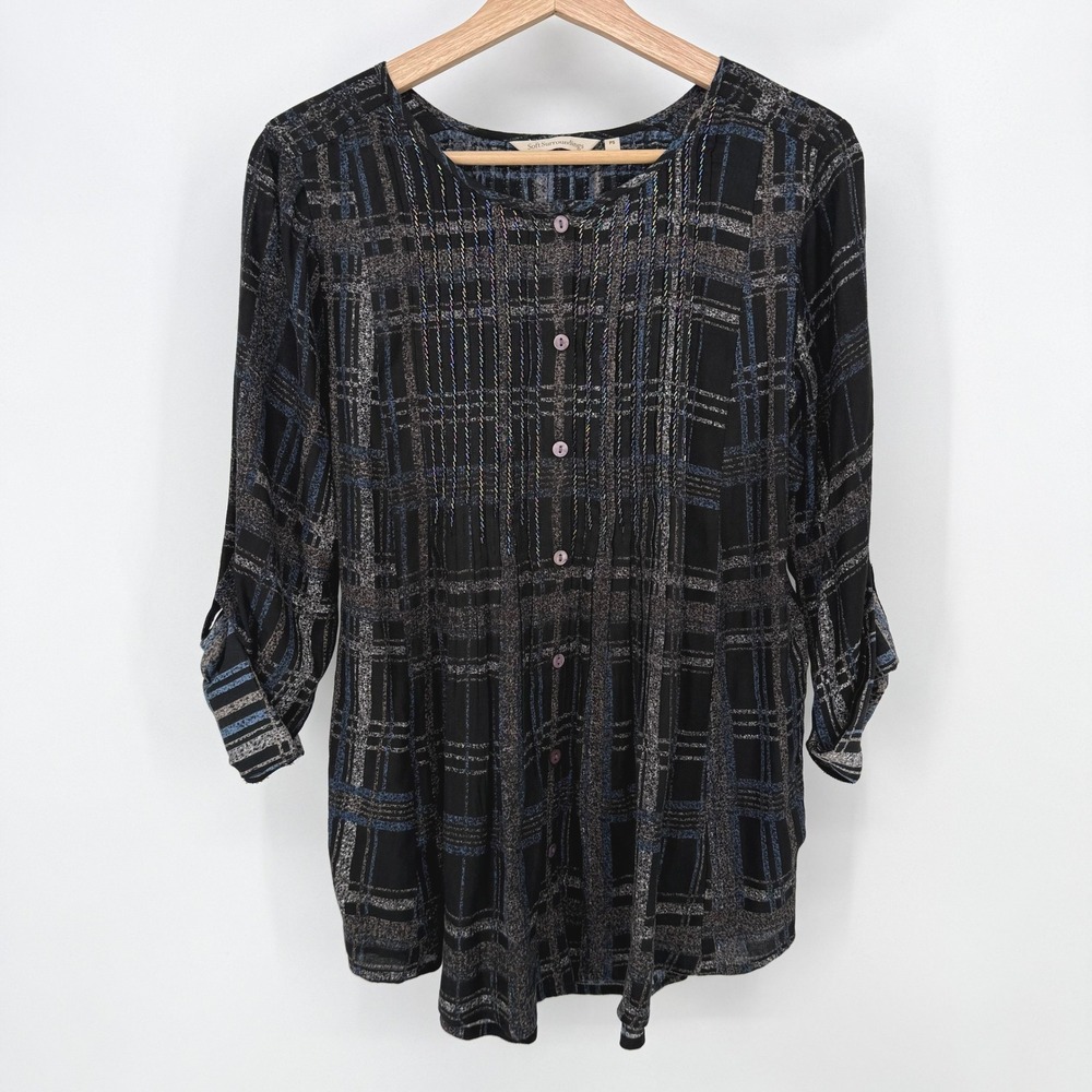 Soft Surroundings Tunic Womens Petite Small Black Campania Plaid Beaded Pleated